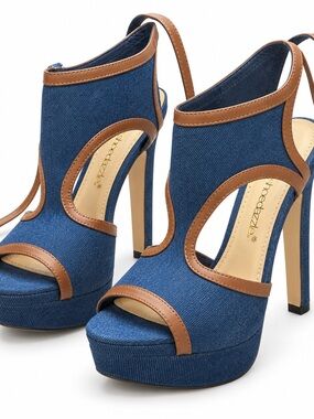 Shoe Dazzle Blue Denim Platform Slingback Heels with Brown Trim